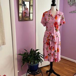ISAAC MIZRAHI LIVE Pink Floral Isaac MIDI Dress Size Large